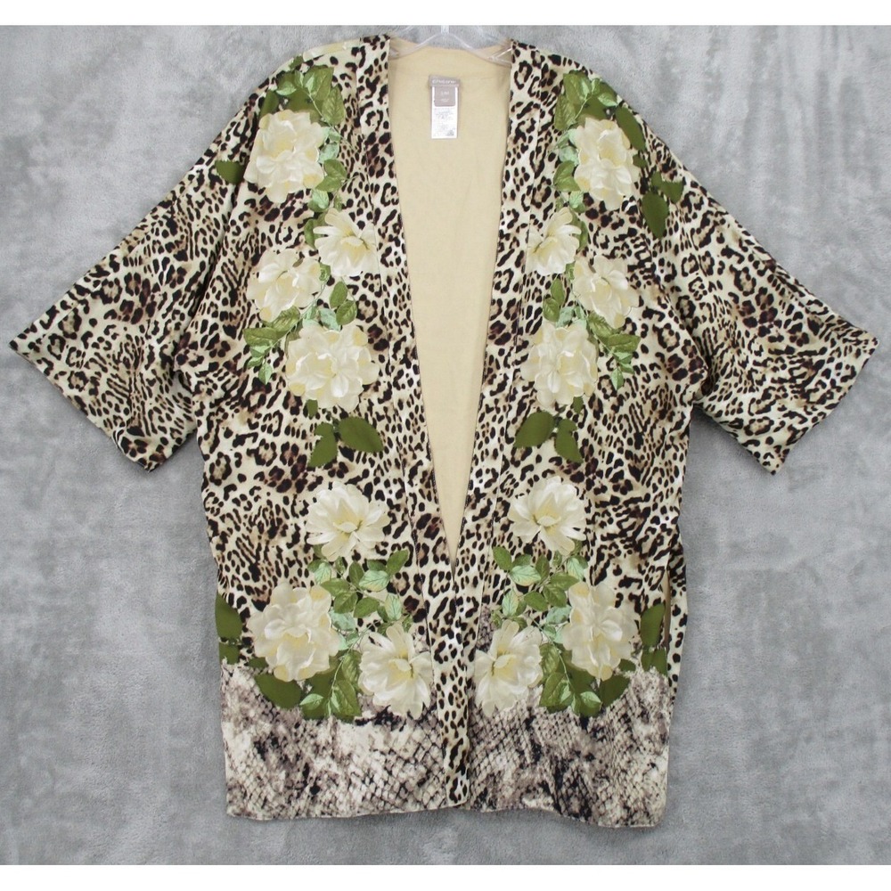 Chicos Blouse Medium Kimono Animal Print Floral Beach Resort Boxy Relaxed Artsy